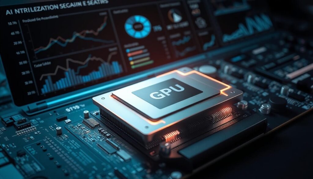A sleek, silver GPU chip resting on a circuit board, exuding a soft, technical glow. Surrounding it, a data visualization dashboard displays performance metrics, charts, and graphs indicating impressive AI acceleration capabilities. The scene is illuminated by cool, directional lighting, casting dramatic shadows that accentuate the chip's intricate design. The overall atmosphere conveys a sense of cutting-edge technology and advancements in AI computing power.