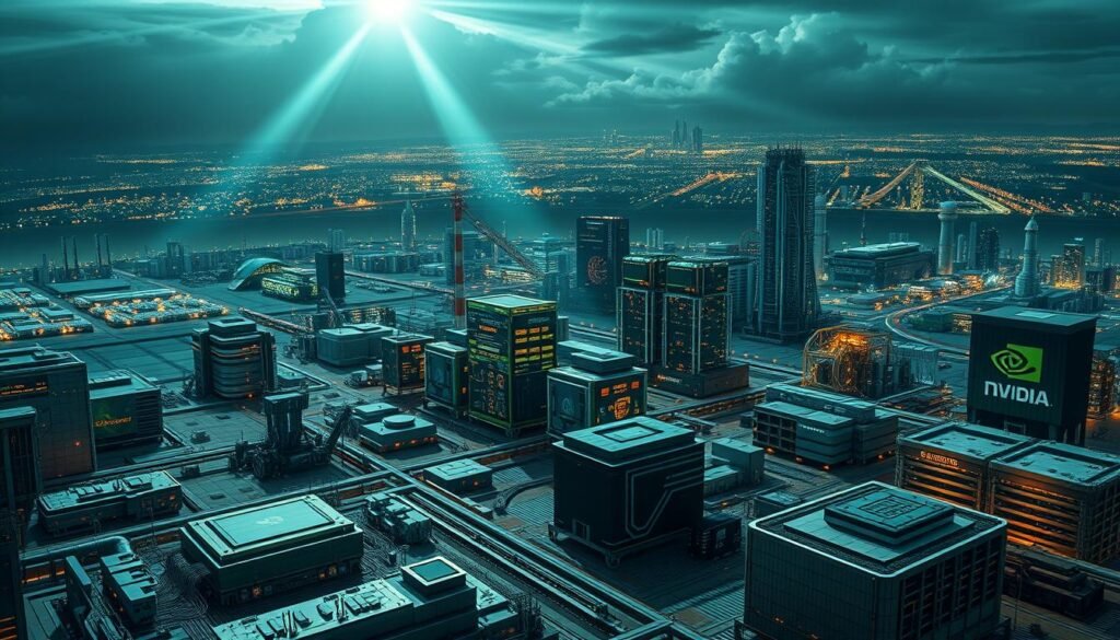 A vast, futuristic industrial landscape dominated by the iconic Nvidia logo, its rays of light cutting through the skyline. In the foreground, sleek cutting-edge AI processors and GPU clusters hum with power, their intricate circuitry a testament to Nvidia's technological prowess. The middle ground features gleaming data centers and research facilities, their facades adorned with the company's distinctive branding. The background is a panorama of towering skyscrapers, advanced manufacturing plants, and bustling urban centers, all connected by a web of digital infrastructure. The scene conveys a sense of Nvidia's profound impact on the evolution of technology, shaping the future with its innovative solutions.