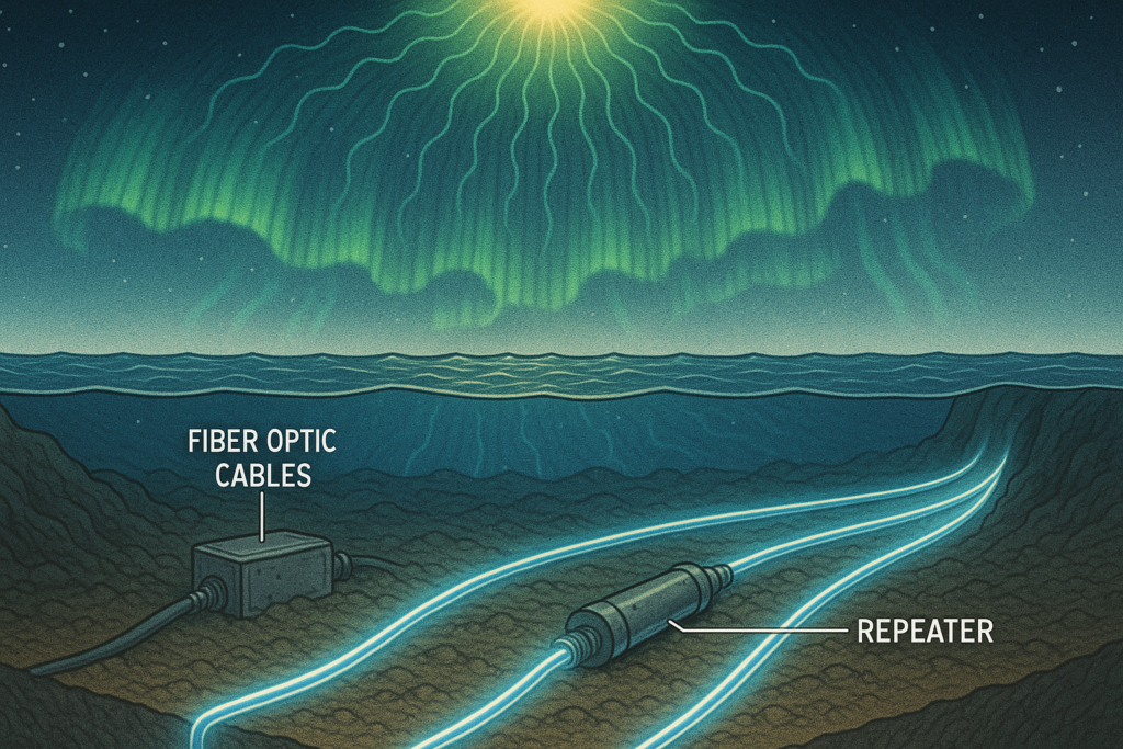Cabos submarinos de fibra óptica no fundo do oceano sendo afetados por tempestade geomagnética - apocalipse da internet