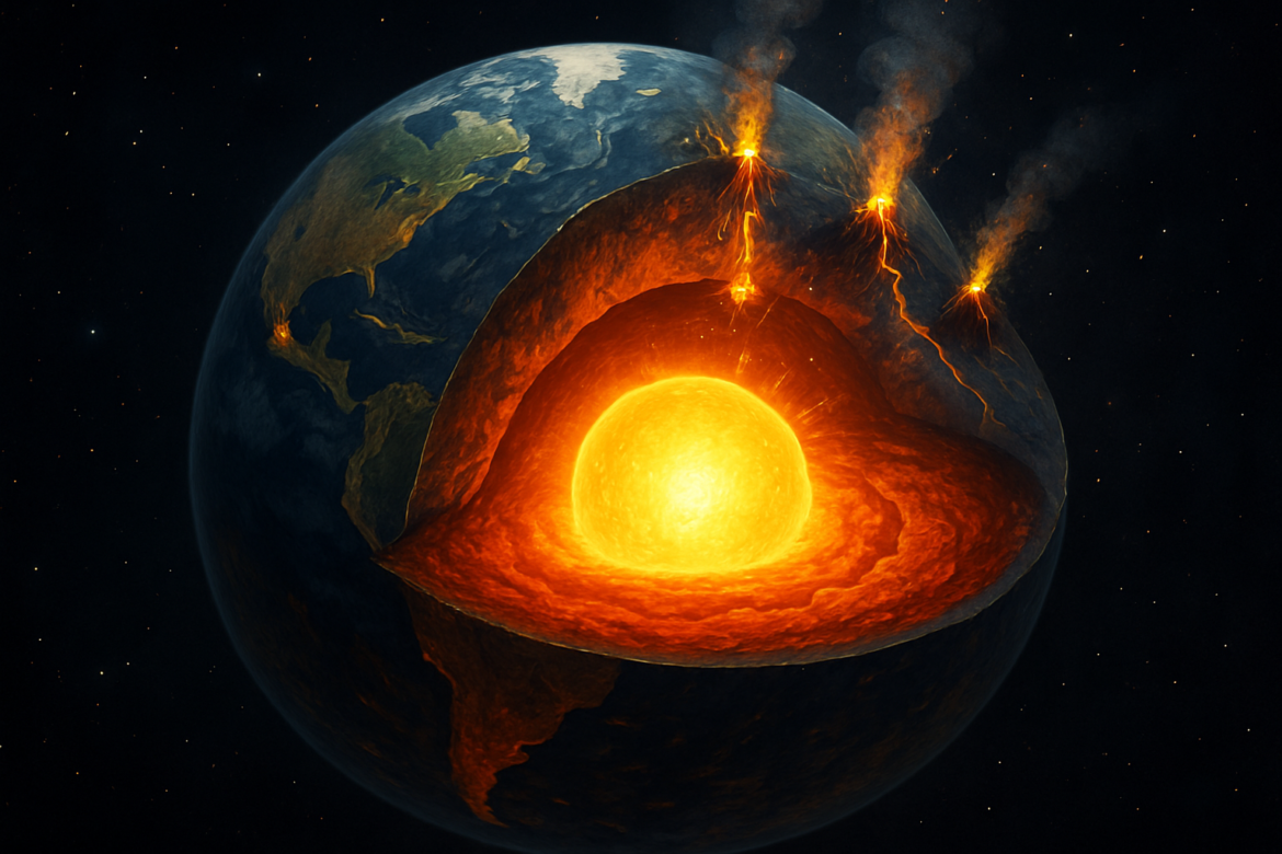 Núcleo da Terra em corte transversal mostrando ouro dourado e vulcões expelindo metais preciosos à superfície