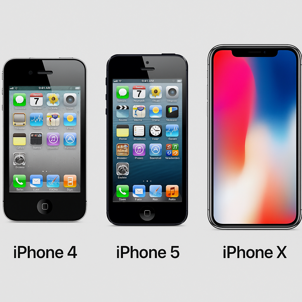 Comparação dos modelos clássicos do iPhone 4, iPhone 5 e iPhone X destacando suas características de design