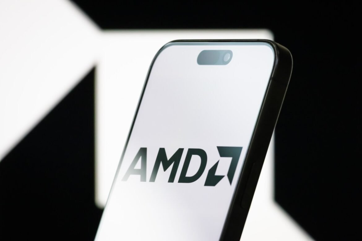 Image of the AMD logo on an iPhone.