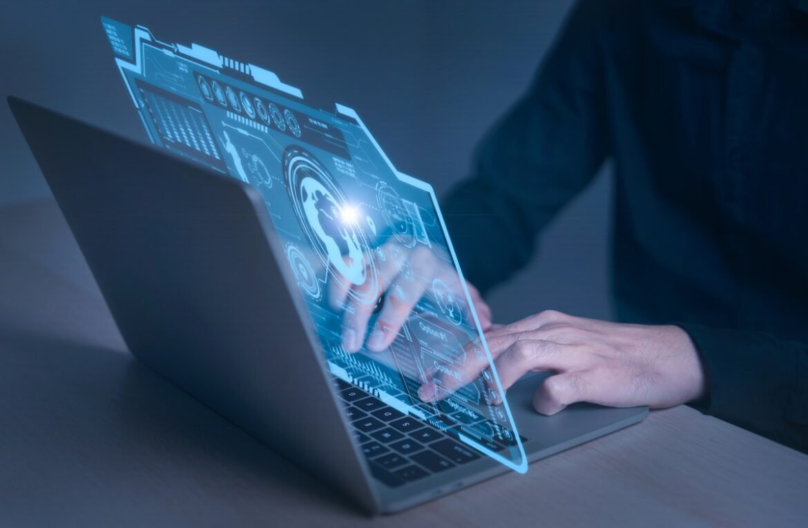 Businessman and computer technology network connection on futuristic virtual interface screen artificial intelligence