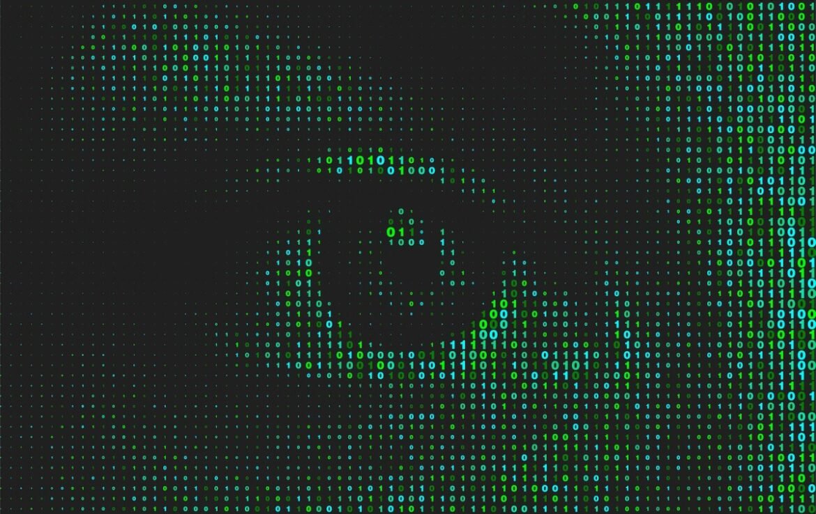 Artificial intelligence technology futuristic background. Green binary coding letters on black.