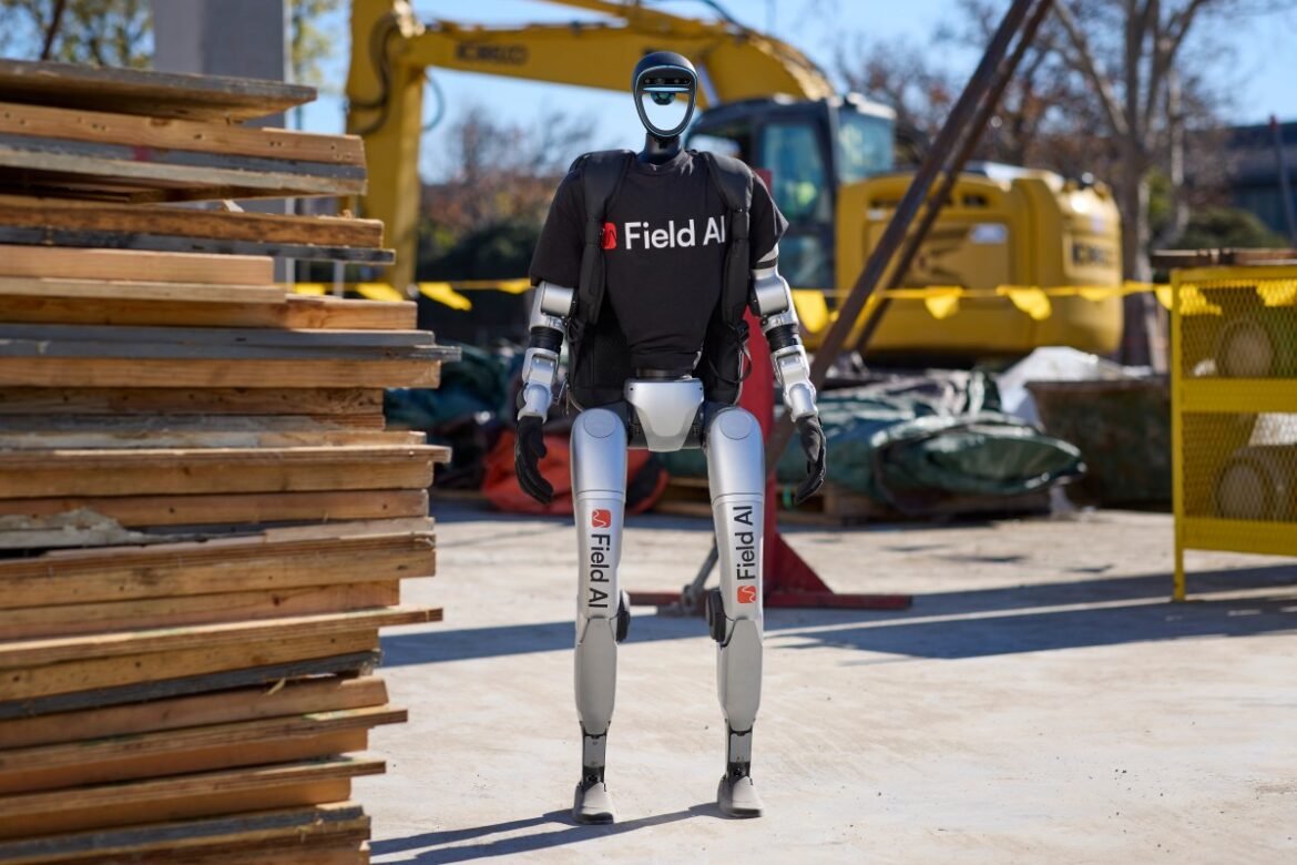 Image of a humanoid robot with FieldAI logos.