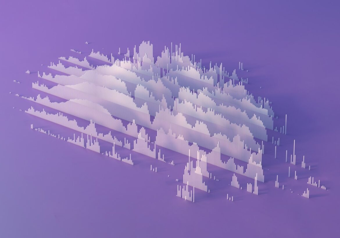 Digital generated image of abstract cloud / data visualization on purple background.
