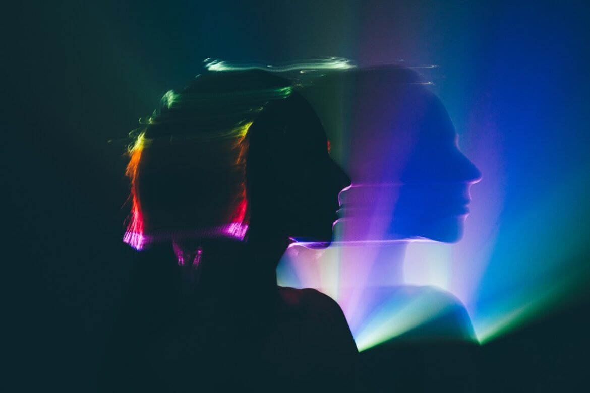 Blurred portrait of a woman taken with long exposure, concept of surrealism and spirituality.