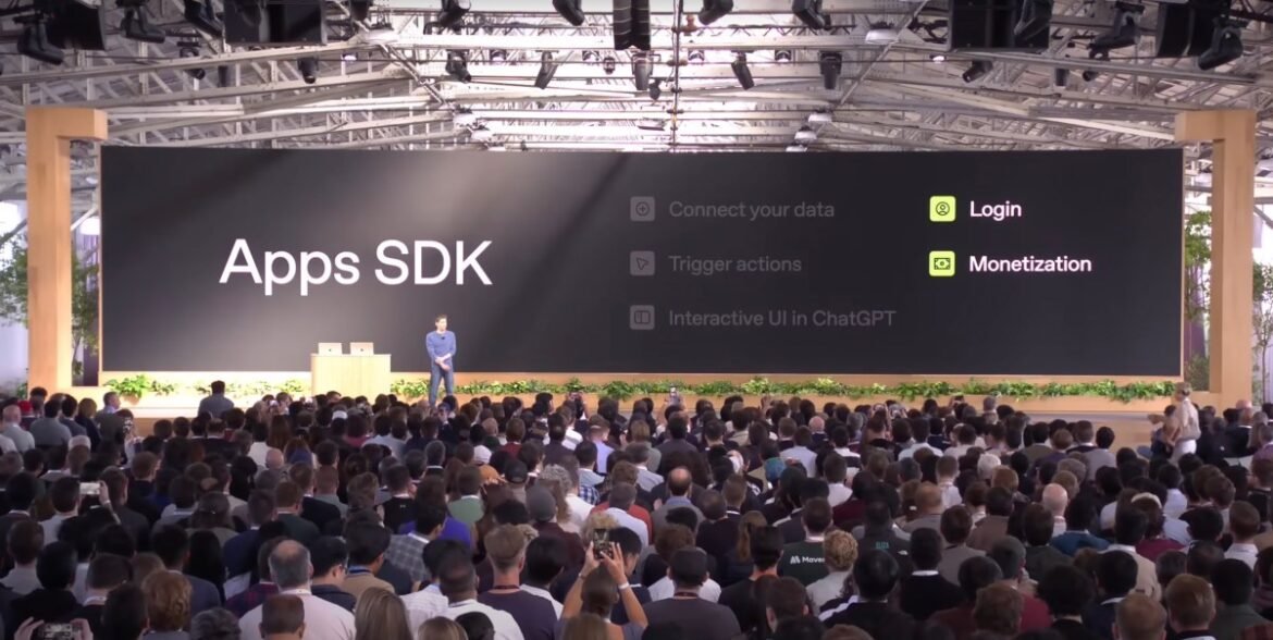 Sam Altman presents before a crowd at OpenAI's dev day.