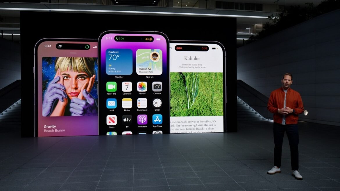 Apple's vice president of human interface design Alan Dye showcases the new Dynamic Island on iPhone 14 Pro and iPhone 14 Pro Max during a special Apple event, as seen in this still image from the keynote video.