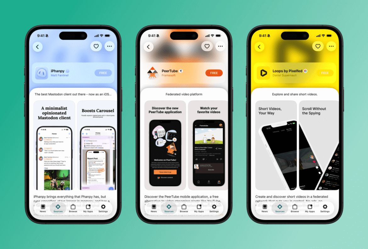 AltStore PAL on three smartphone screens