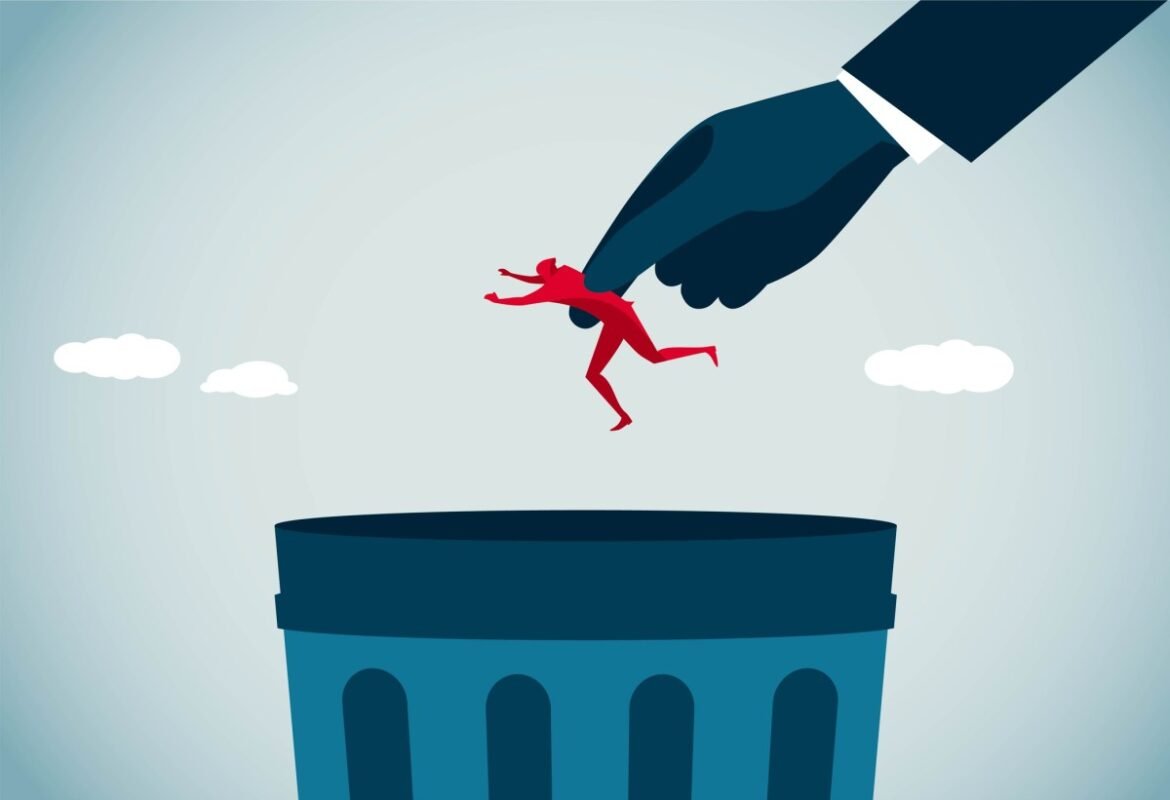 illustration showing a hand dropping a person into a garbage can